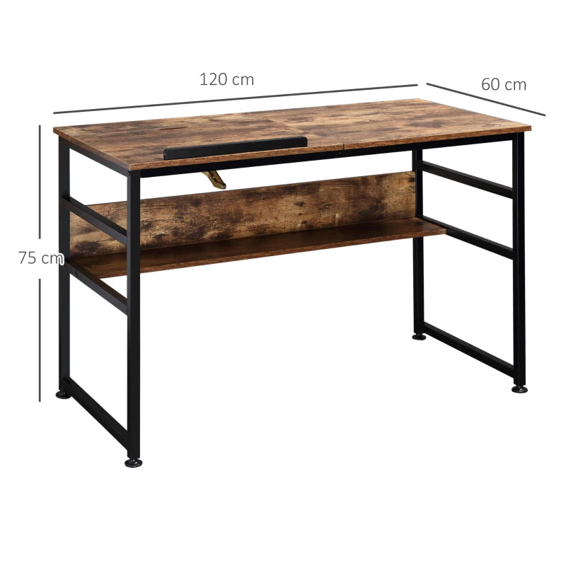 Adjustable drafting table with rustic brown desktop and middle storage shelf on black frame