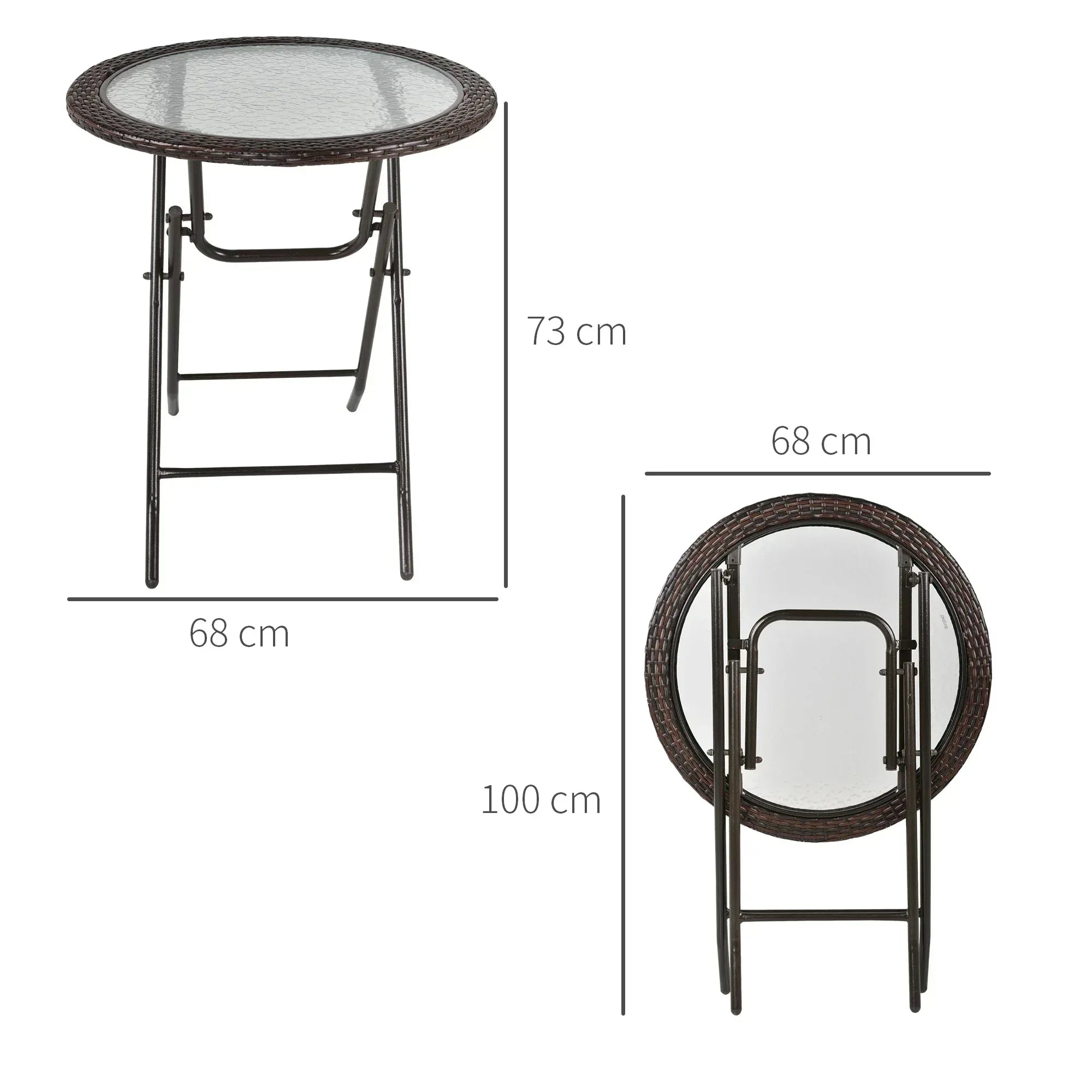 Folding Rattan Garden Dining Table, 68 cm Round Rattan Garden Table with Water Ripple Tempered Glass Top, Wicker Edging and Steel Frame for Outdoor, Patio, Brown - Bobobiy