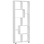 White 8-cube tall bookcase with open square cubbies, freestanding storage shelves.