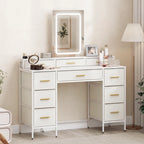 White vanity desk with LED mirror, two drawer towers, and center cabinet