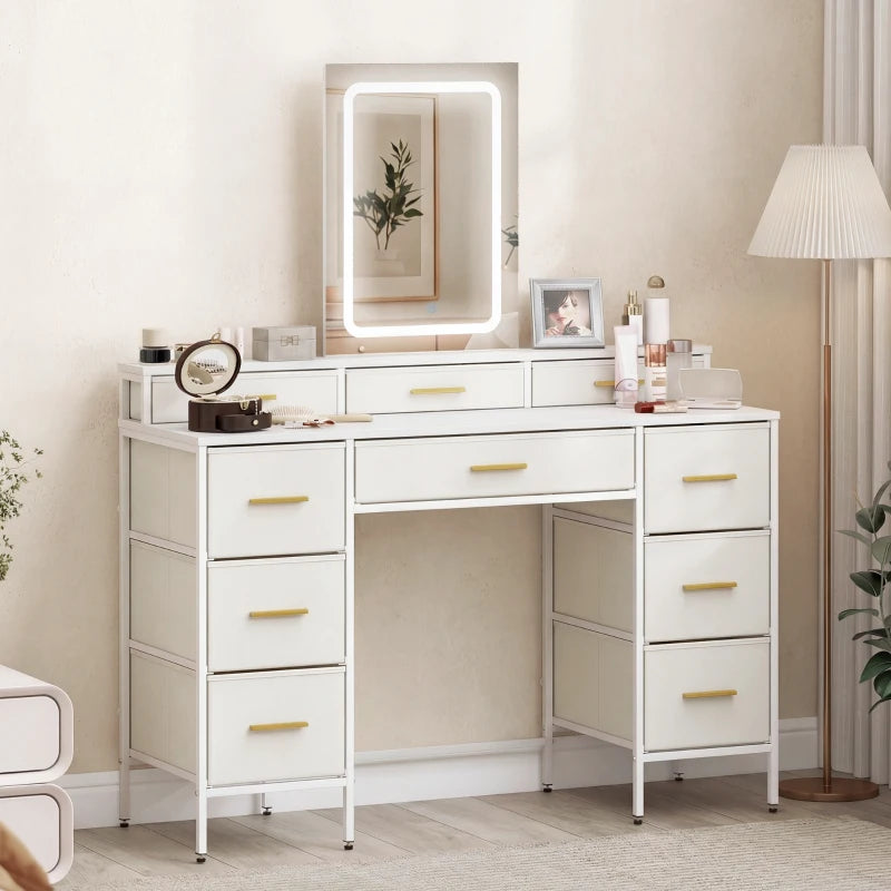 White vanity desk with LED mirror, two drawer towers, and center cabinet