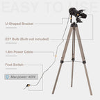 Tripod floor lamp with U-shaped bracket, E27 bulb socket area, and foot switch