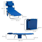 Blue foldable sun lounger with dimensions, padded headrest and arm/face cutouts