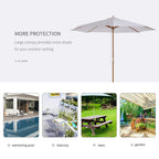 Cream parasol with wide canopy and wooden pole, rope pulley detail