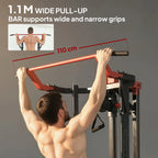 Wide-grip pull-up bar on black and red power tower, with supported handles.