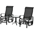 Black outdoor gliding chairs with breathable mesh backs and a glass-top coffee table