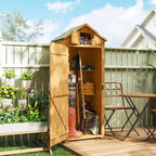 Brown wooden outdoor tool shed with side door open and interior shelves for storage