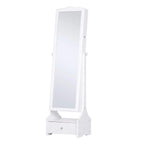 White floor-standing jewelry armoire with tall rectangular mirror and bottom drawer