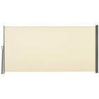 Retractable cream privacy screen panel with gray side rails, flat fabric cover