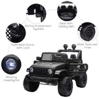 Black kids electric ride-on car with working headlights, spring suspension, and wide textured tires