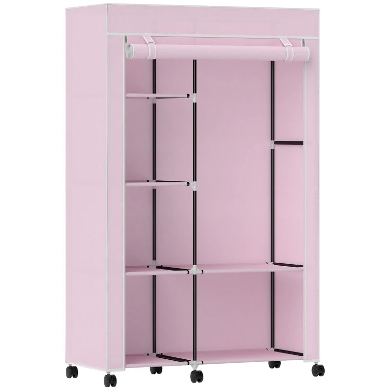 Pink fabric wardrobe with shelves and hanging rail, front opening, rolling casters.