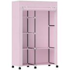 Pink fabric wardrobe with shelves and hanging rail, front opening, rolling casters.