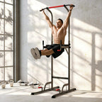 Power tower with red pull-up bar and dip station bars for hanging leg raise