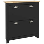 Black 2-drawer shoe cabinet with metallic curved pulls and flat front panels