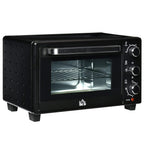 Black countertop mini oven with glass door, three control knobs, and power indicator