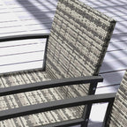 Grey woven outdoor dining chair with black arm and seat frame