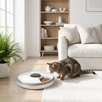 Grey automatic cat feeder with a tabby cat eating from the bowl