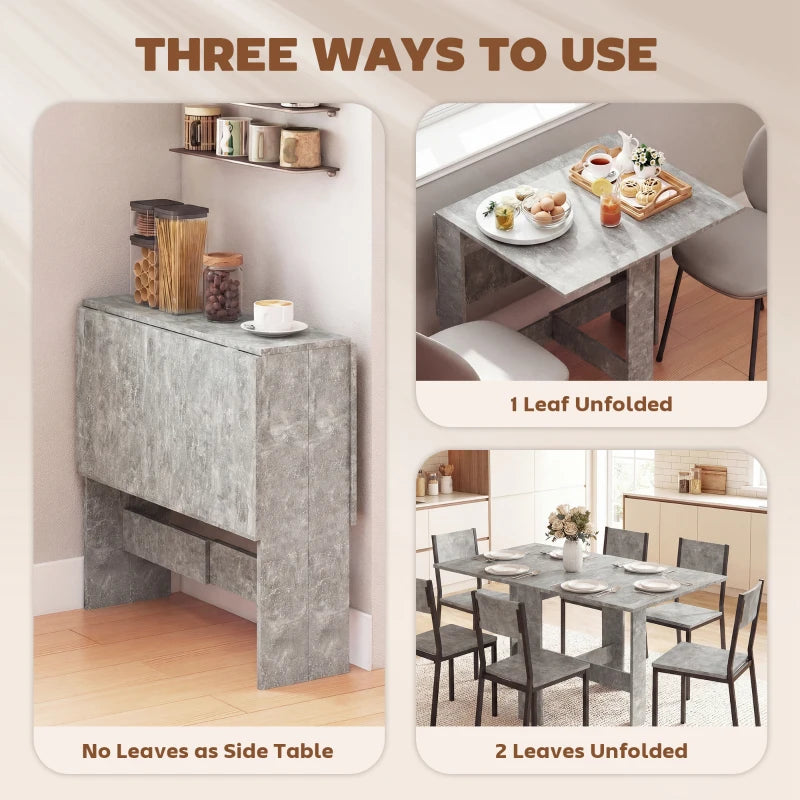 Grey folding dining table with leaves folded and options for side or dining use