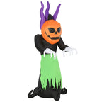 Inflatable pumpkin ghost with purple horns, orange head, black arms, green skirt