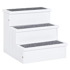 White 3-step pet stairs with dark carpet treads and front storage drawers