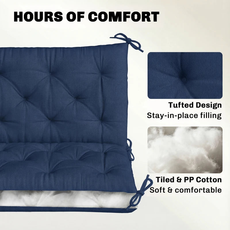 Dark blue bench cushion with tufted back, filled padding, and securing ties