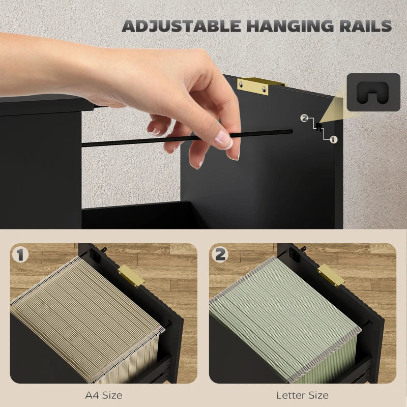 Black cabinet with adjustable hanging rail above open drawer for letter-size files