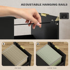 Black cabinet with adjustable hanging rail above open drawer for letter-size files