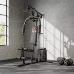 Black multifunction home gym machine with padded seat, pulldown arms, and weight stack