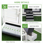 Chicken coop features: slide-out tray, built-in ramp, and nesting box