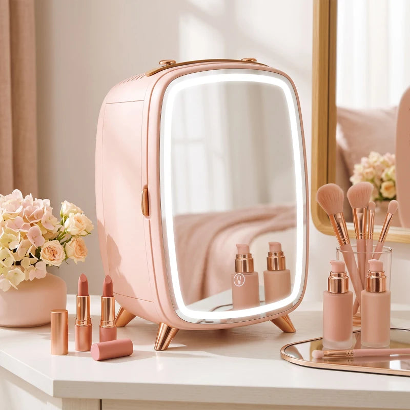 Pink mini skincare refrigerator with LED mirror showing cosmetics and bottles inside