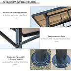 Black gazebo frame with reinforcement rods and ground stake anchoring hardware