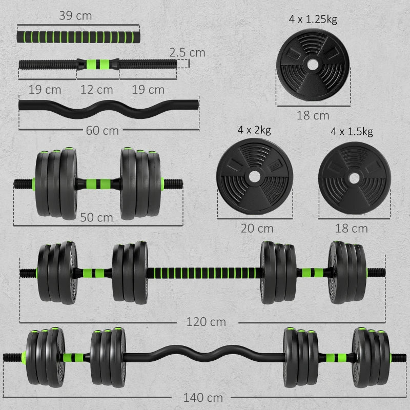 Adjustable dumbbell and barbell set layout with black plates and green striped handle
