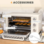 Cream mini countertop oven with accessories: wire rack, crumb tray, baking tray