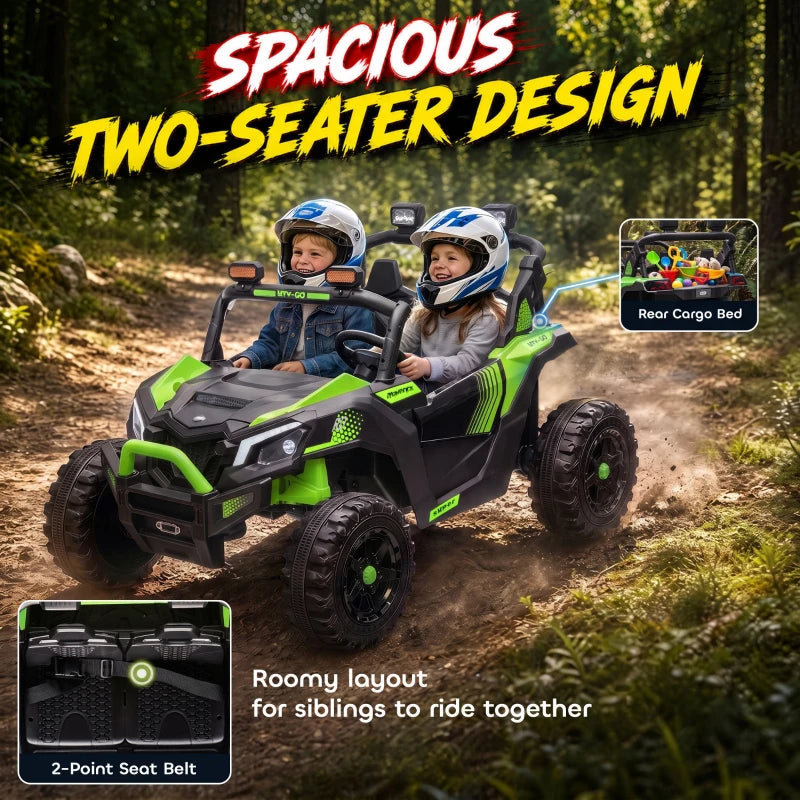 Green 2-seat ride-on UTV with two children seated side by side in the cab