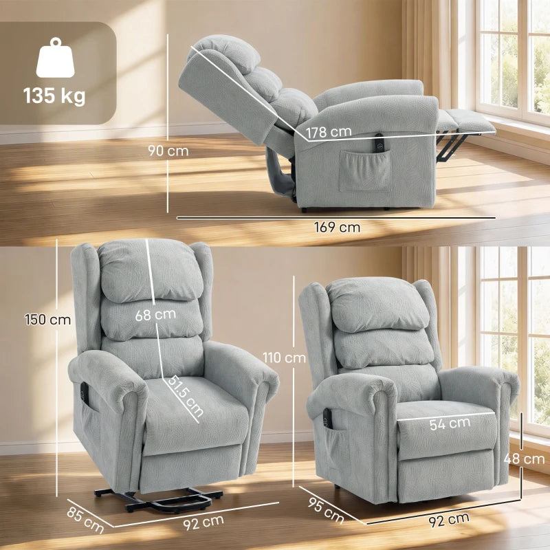 Grey electric riser recliner chair shown in side view with footrest extended