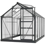 Grey greenhouse with clear twin-wall polycarbonate panels, rooftop vent, and sliding door