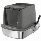 Dark grey enclosed cat litter box with front entry and open top, includes scoop