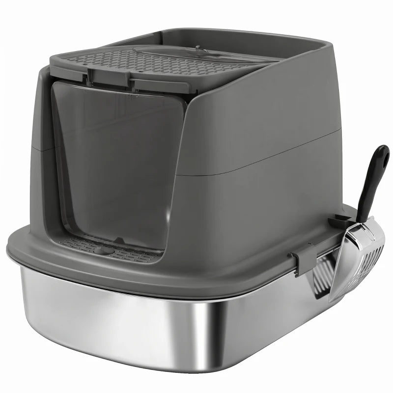 Dark grey enclosed cat litter box with front entry and open top, includes scoop
