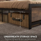 Single metal bed frame with headboard and footboard, black frame and rustic brown storage panels