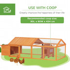 Orange wooden chicken coop with openable roof and partitioned wire-mesh enclosure.