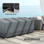 Grey outdoor patio sofa cover with click-close strap detail