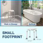 White shower stool with round seat, shown with walk-in shower and bathtub areas