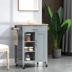 Grey kitchen trolley cart with open shelves and cabinet doors on wheels