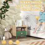 Kids bedside table with open shelf and green drawer, light wood body on legs