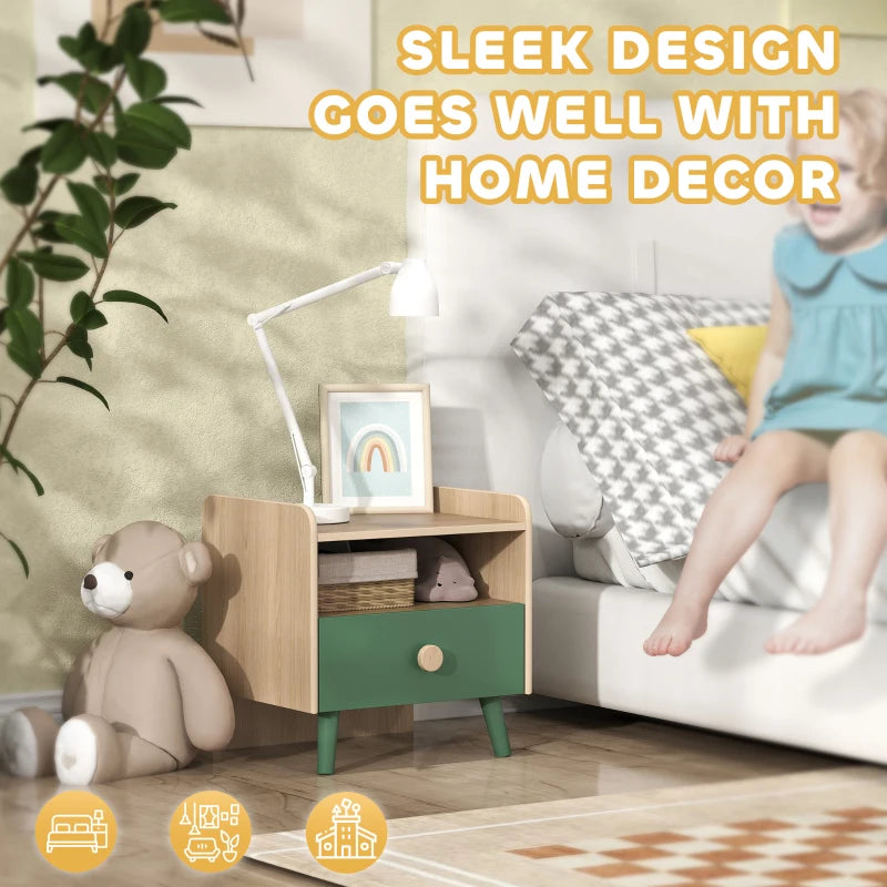 Kids bedside table with open shelf and green drawer, light wood body on legs