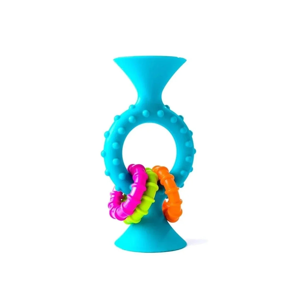 Teal loop teether with bumps and colorful squiggle links: pink, orange, green