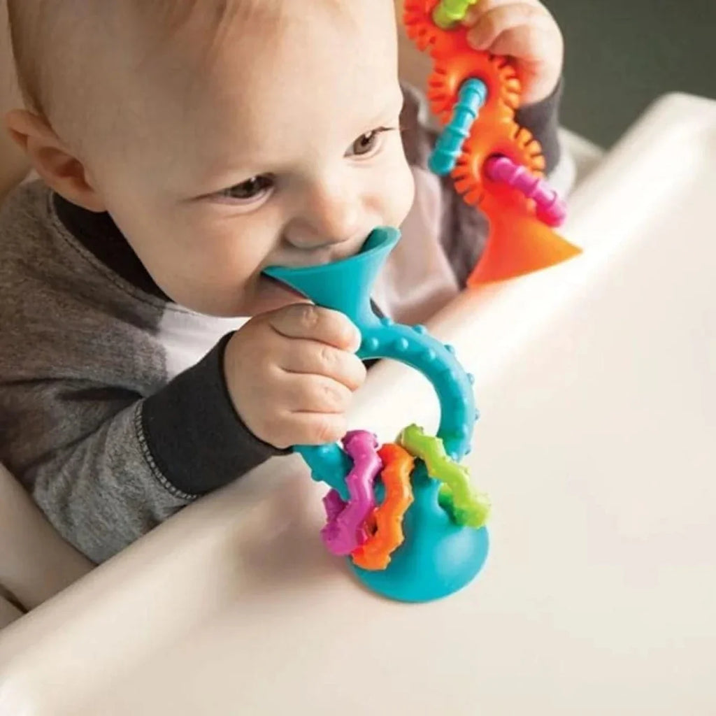 Teal loop teether with colorful squiggle links for teething