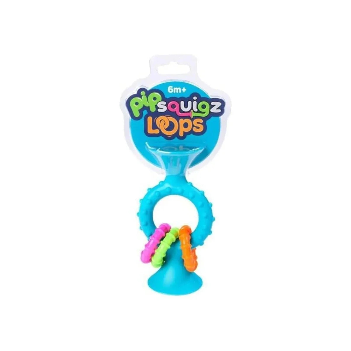 Packaged teal loop toy with colorful squiggle links, 6+ months