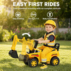 Yellow kids ride-on digger toy with black seat and front bucket; child wearing helmet and vest