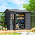 Dark grey resin garden storage shed with open double doors and windowed front